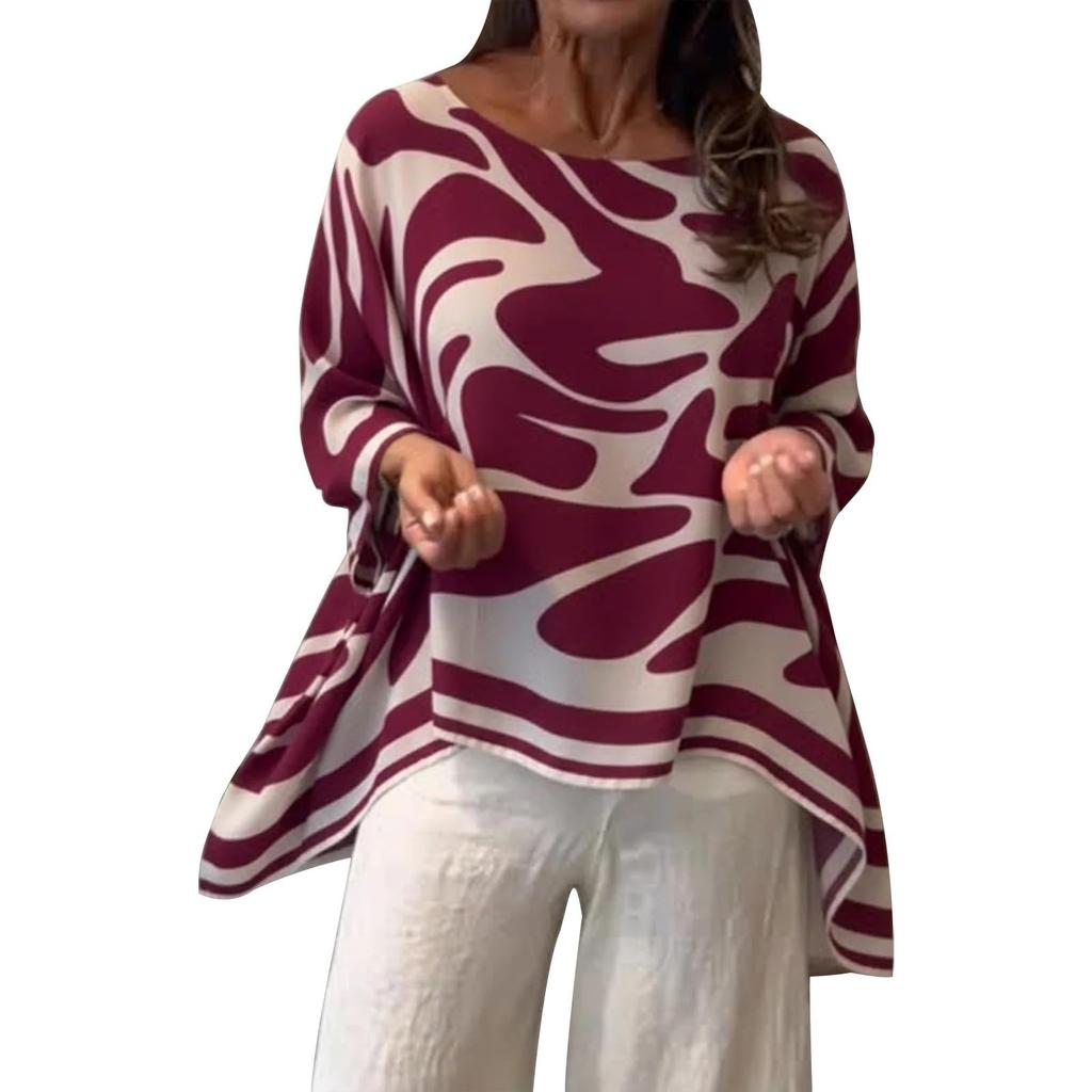 Damen lockere lässige Chiffonbluse Langarm bedruckt Oversized Tunika Top Leichtes atmungsaktives Gewebe Bequeme Passform