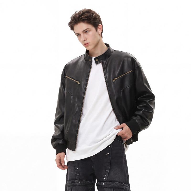 American Windproof Stand-up Collar PU Leather Jacket Men's Autumn Retro Loose Silhouette Locomotive Jacket Pu Leather Jacket