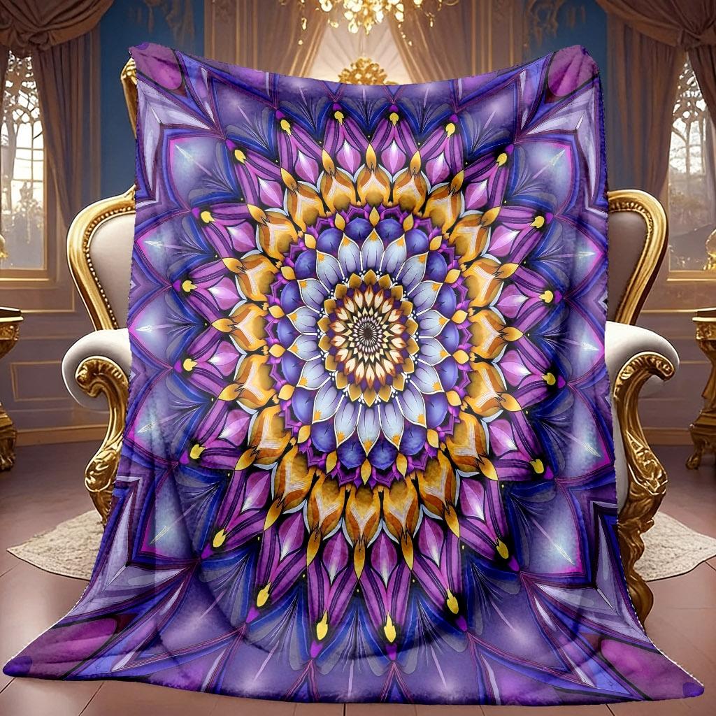 1pc 2D Purple Golden Mandala Geometric Floral Pattern Theme Fleece Blanket, Soft HD Digital Print, Cooling Blanket All-Season Use! Soft And Breathable