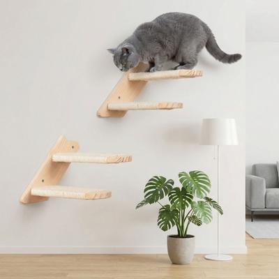 Wooden Cat Climbing Shelf Wear Resistant Space Saving Wall Mounted Cat Hammock with Cushion Pet Wall Steps Training