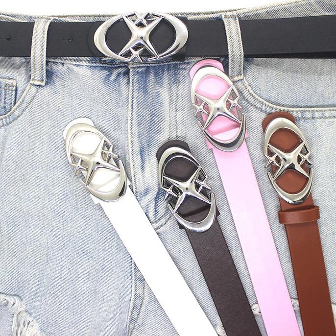 Stylish Crescent Moon & Star Buckle Belt for Jeans and Skirts - Versatile Fashion Leather Accessory