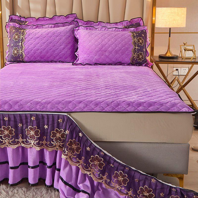 Luxury Euro Crystal Velvet Gold Lace Ruffles Quilted Zipper Removable Bed Skirt Mattress Cover Bedspread Pillowcases Bedding Set