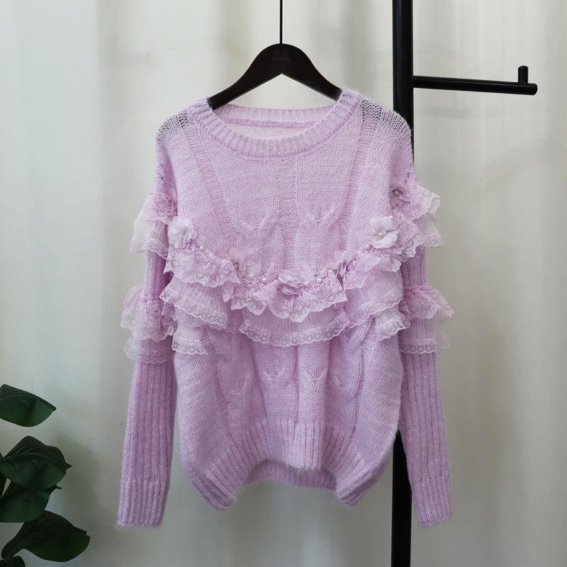 Heavy Industry Bead Splicing Mesh Flower Sweater Pullover Autumn and Winter New Sweet Loose Knitted Sweater Top Women