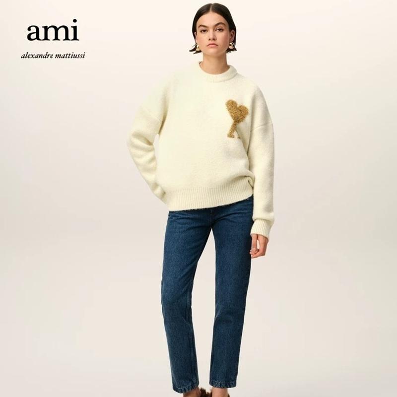 AMI New Autumn and Winter Silver Love Alpaca Wool Blend Soft and Sticky Knit Couple's Round Neck Sweater