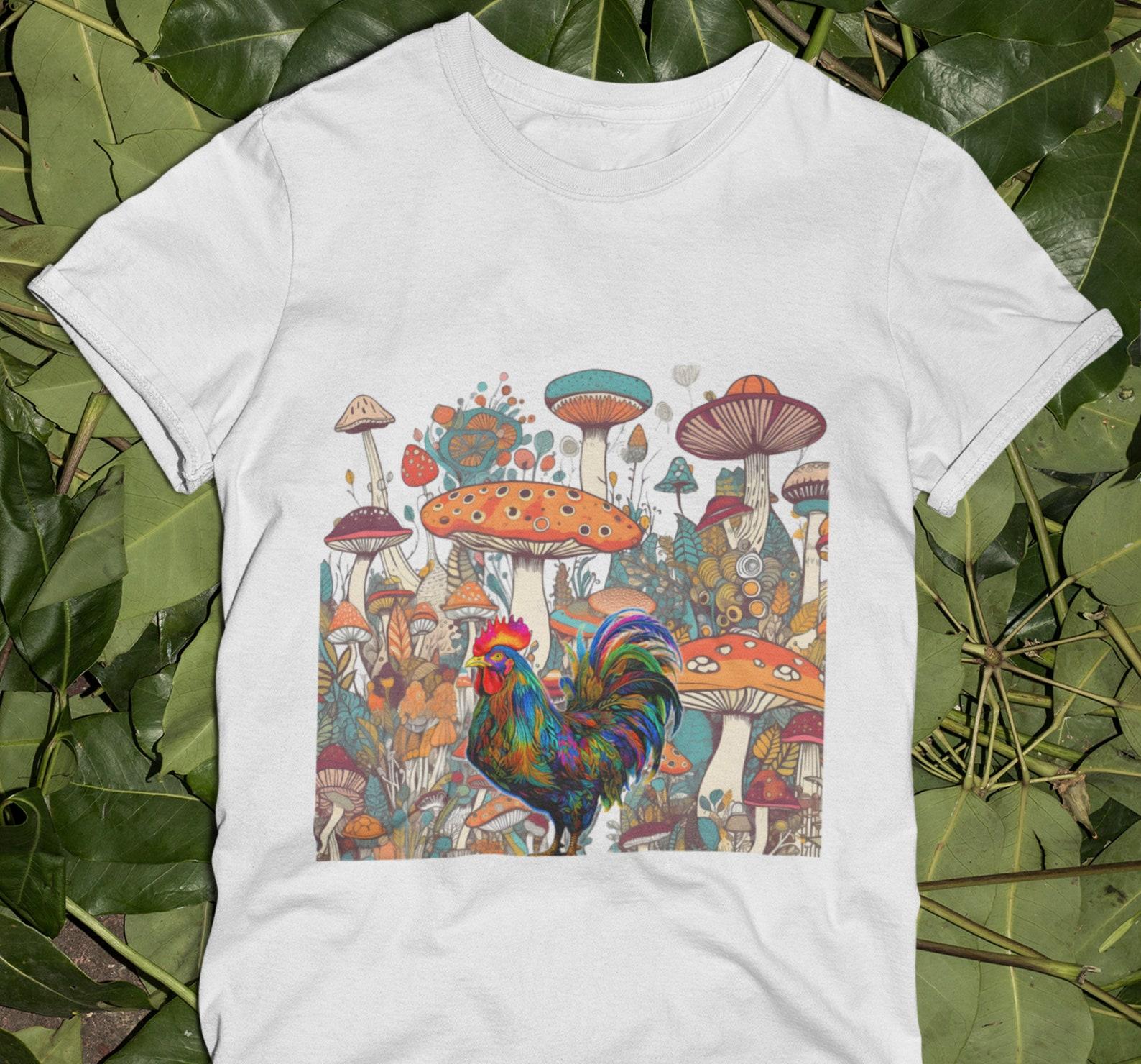 Psychedelic Rooster T-Shirt: Mushroom Wonderland Heavy Cotton Tee S