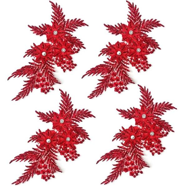 4er-Pack 3D-Blumen-Pailletten-Applikation mit Strass-Glitzer-Perlen-Stickerei, Stoff-Spitzenbesatz für Hochzeit, Brautkleid, Kleid, Tasche, Kissen