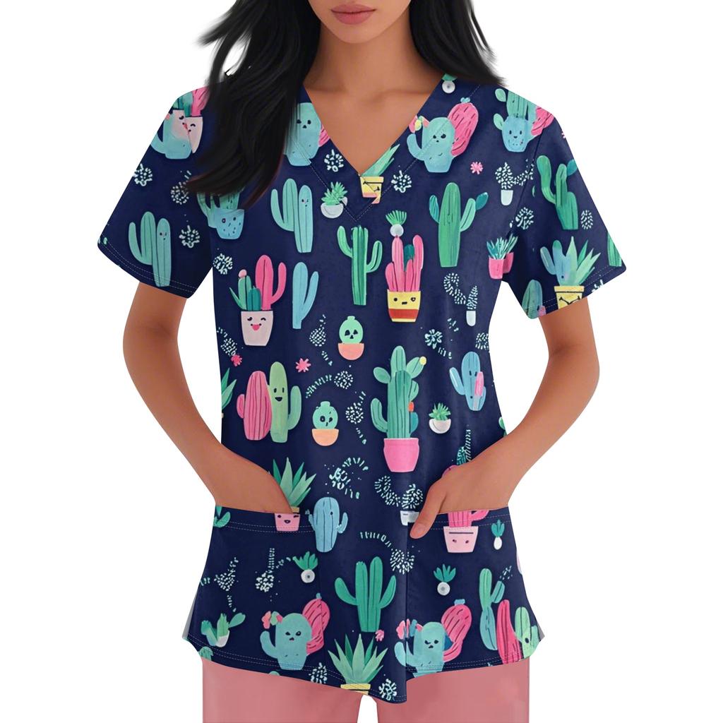 Women's V-neck Cartoon Printed Short-sleeved Pocket Side-slit Protective Suit Top