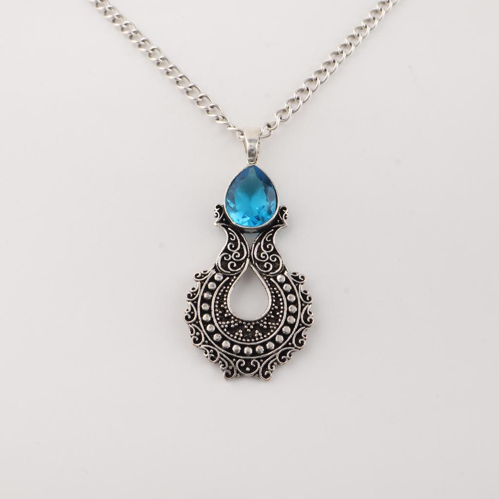 Swiss Blue Topaz Gemstone 925 Sterling Silver Jewelry Long Oxidize Pendant 1.8" For Thanksgiving Gift CP-45-8