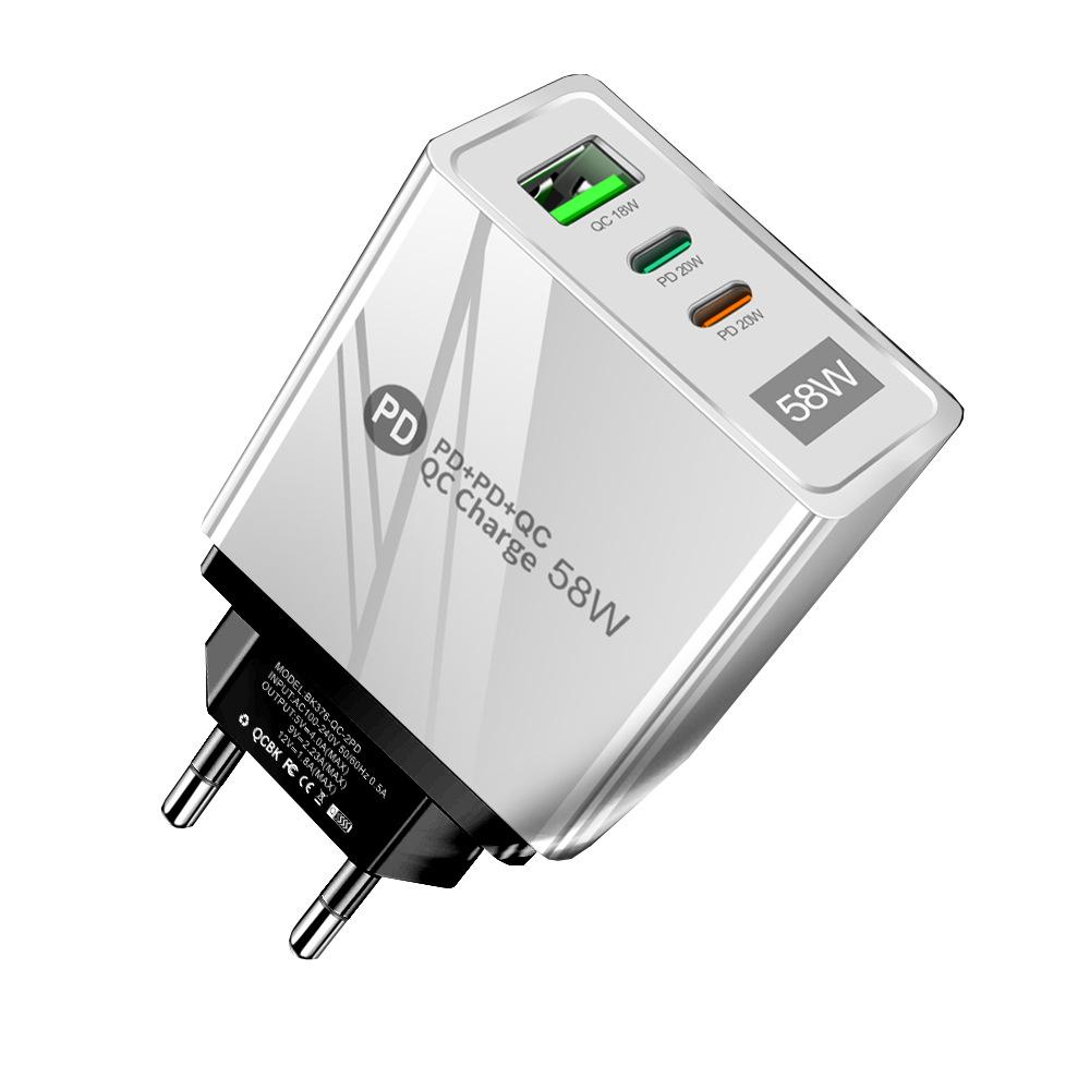 58W Dual Fast Charger with 2PD+QC3.0, Compatible with EU/US/UK Plugs.