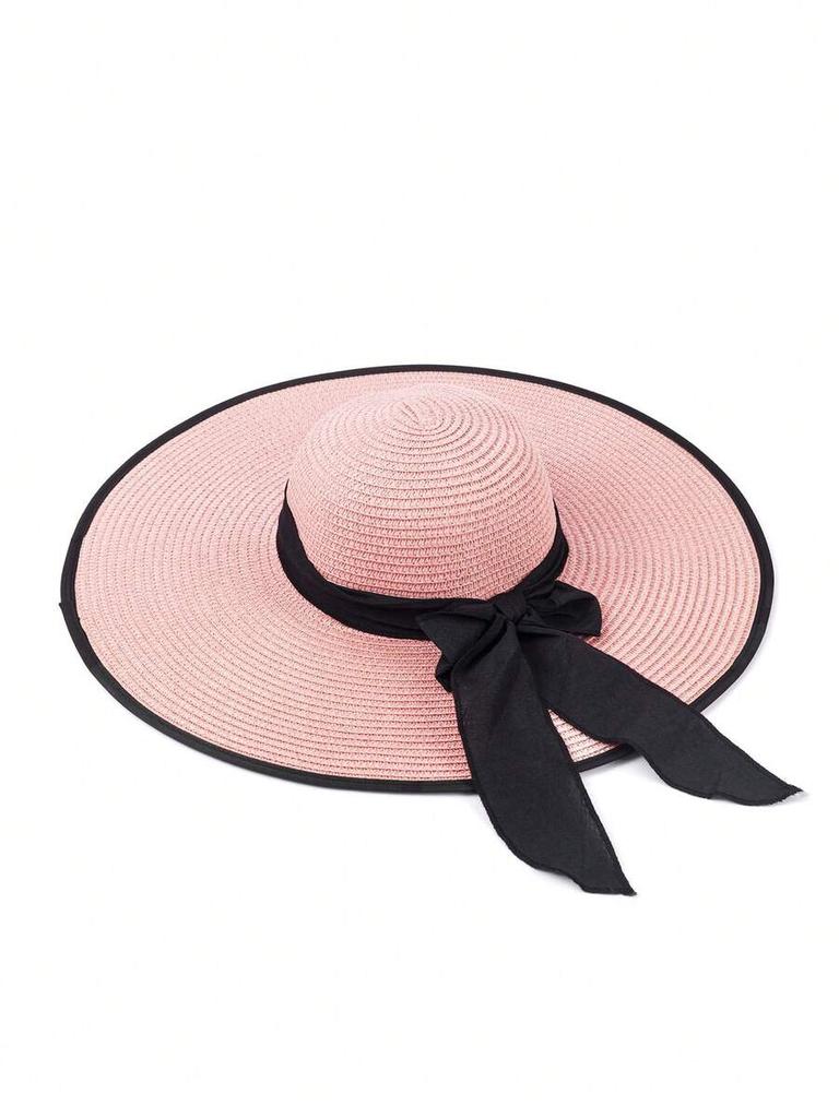 Solid Color Bohemian Straw Sun Hat With Bow Wide Brim Round Top UV Protection Windproof