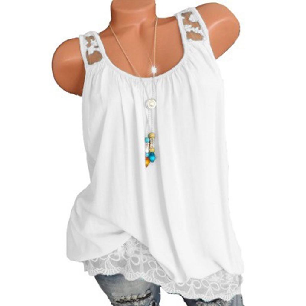 Women Summer 2022 Sleeveless Casual Solid Color O-Neck Lace Hem T-Shirt Tops Blouse