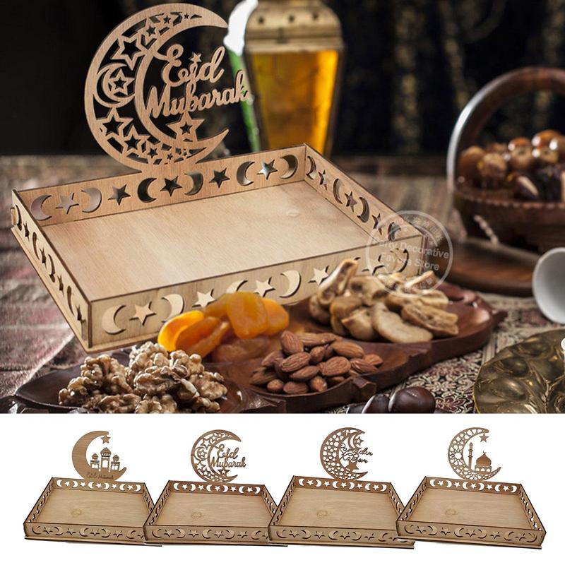 Classic Moon Star Mosque Wooden Eid Food Tray Dessert Fruit Cake Tray Table Decoration For Home Islamic Party Decor Eid Gifts