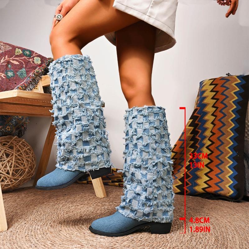 Fashion Autumn Denim Square Heel Boots Women Knee High Pointer Toe Heels Shoes Woman Trend Chelsea Boots Mujer Gladiator Botas