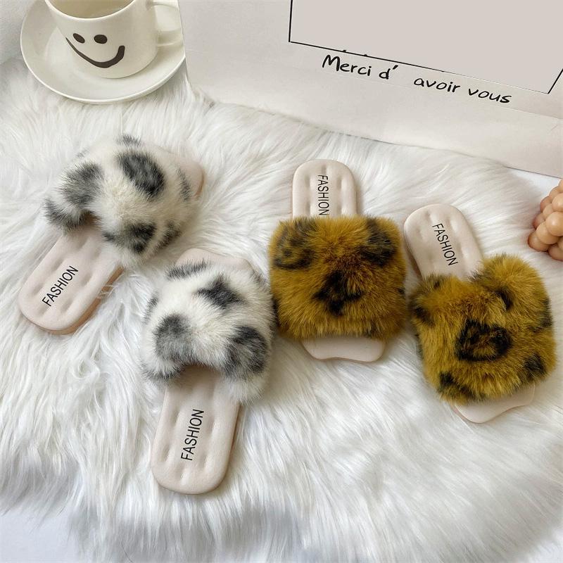 Women's Outgoing Flat Shoes Fashion Indoor Slippers Elegant Fur Slippers Autumn Winter Plush Footwear Warm Slides Artificial Wool