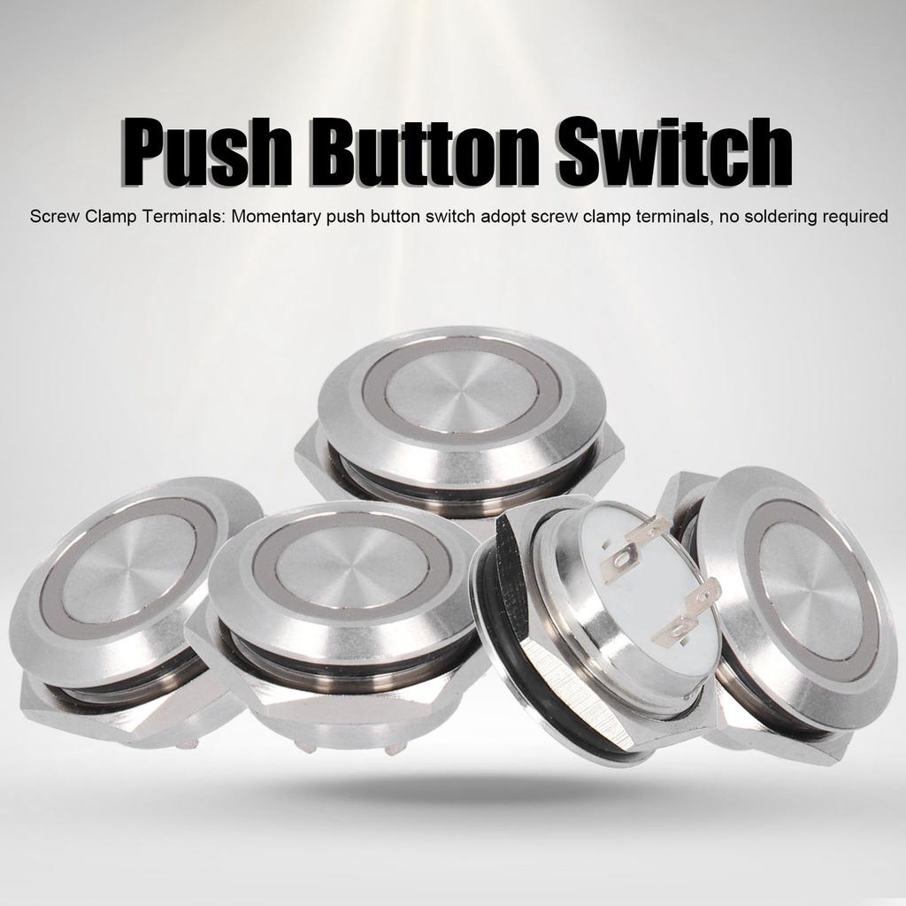 5Pcs Momentary Push Button Switch Metal Auto Reset Ultra Thin Waterproof with LED 19mmDC3~6V Green