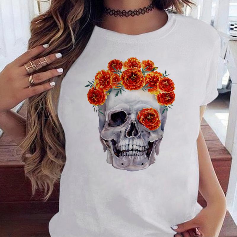Maycaur Fashion Skull Flower Print Women T Shirt Summer Casual Short Sleeve O Neck Women Tshirt 90s Ladies Tee Shirt Tops