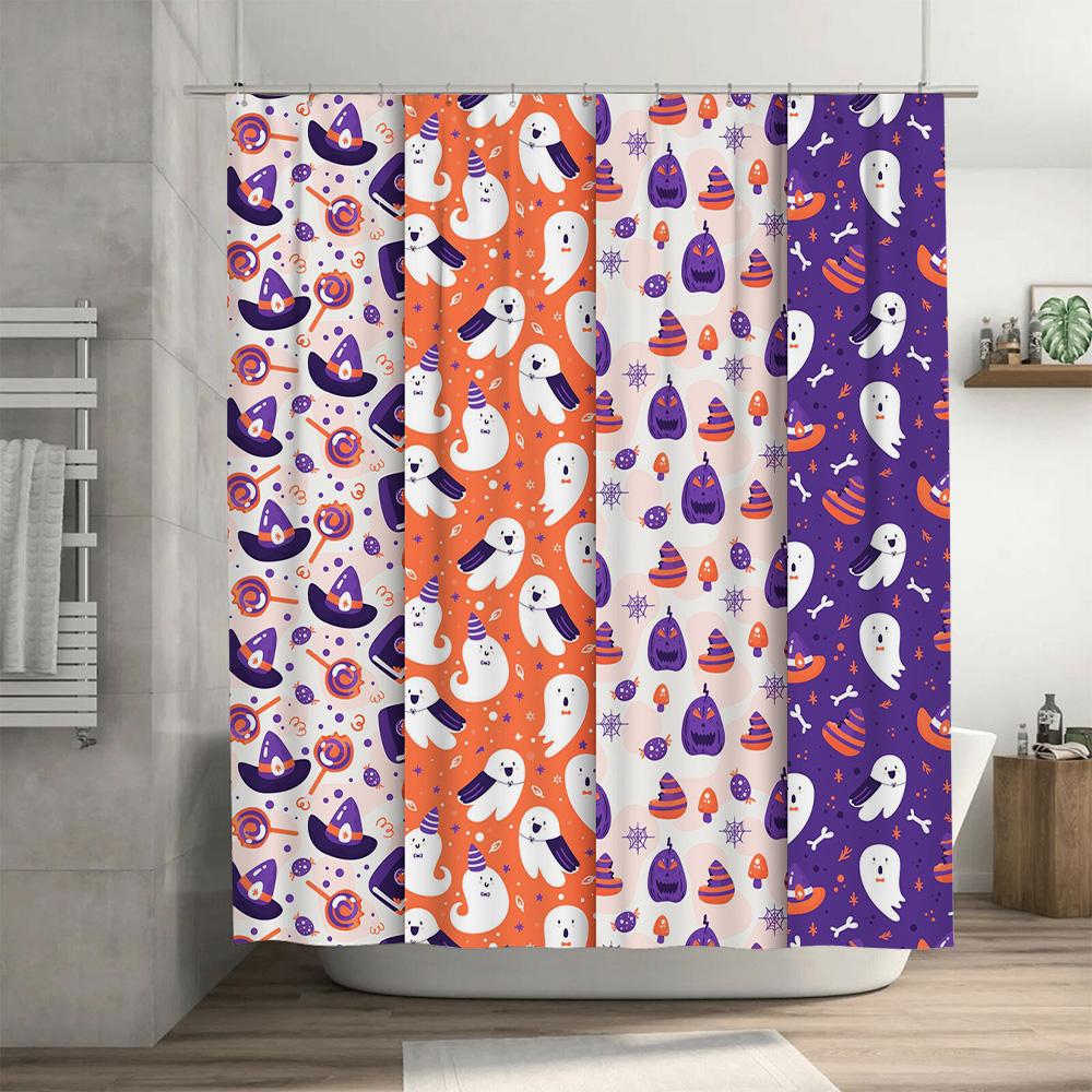 Halloween Shower Curtain Set Spooky Ghosts Goblins Printed Fabric Bath Liner for Bathroom Decorations Purple Orange White Colorf