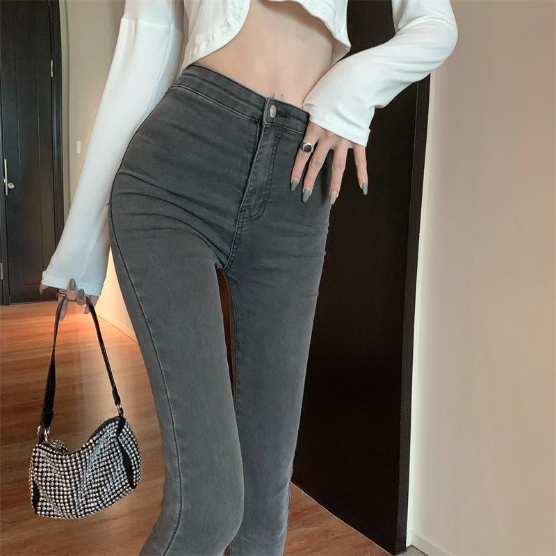 

Women s High-Waisted Skinny Light Blue Elastic Jeans - Slim Fit Korean Style Straight Leg Peach Butt Pencil Pants 25 серый
