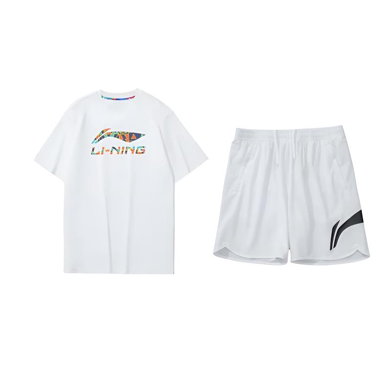Li Ning Logo Letter Round Neck Breathable Short Sleeve T-Shirt Mid Waist Shorts Casual Sports Set Unisex sets AHSS549-2+YKSV197-1