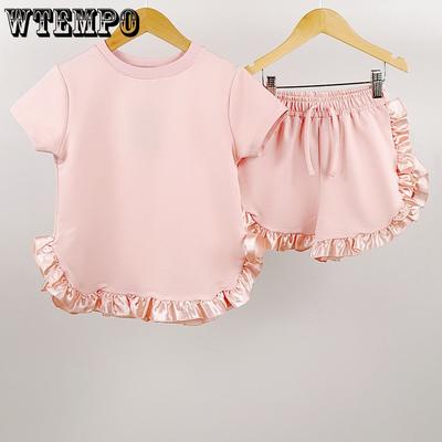 Summer Girls' Set Korean Style Fashion Short Sleeved Lace Top Shorts Two-piece Set