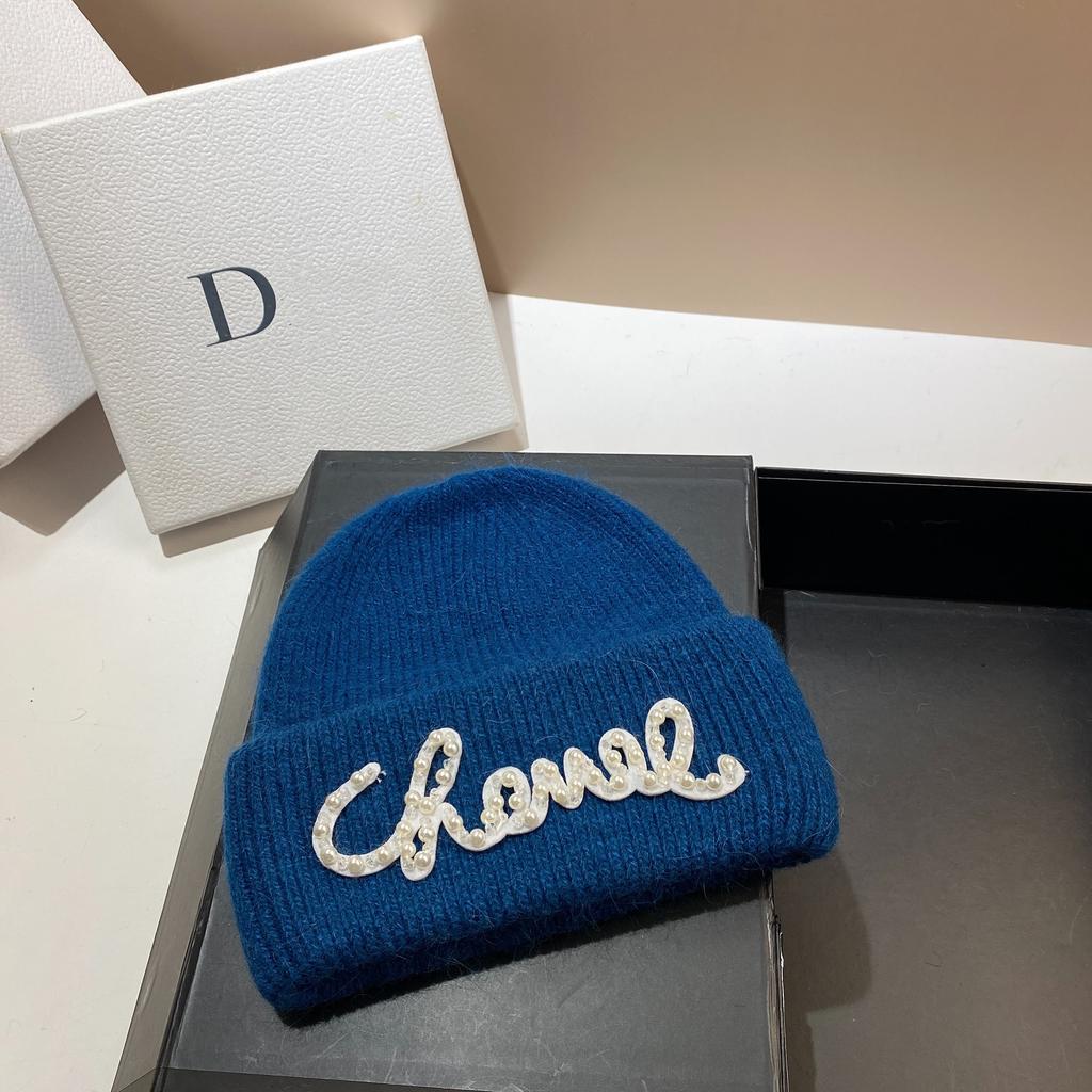 Pearl Hat Rabbit Hair Warm Knit Hat Women's Fashionable Winter Cold Hat Increase And Lengthen Double Folded Edges Hat