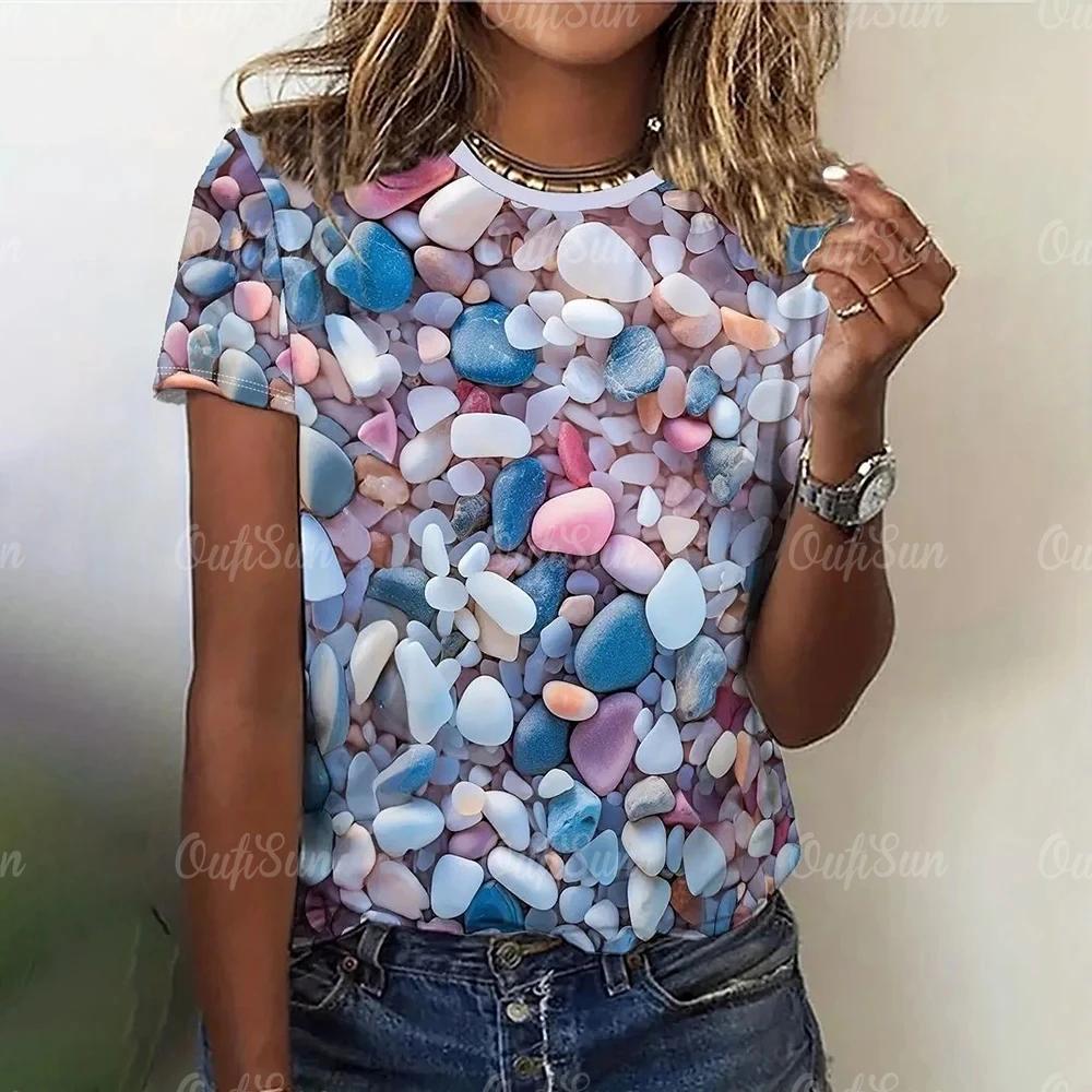 3D color stone print women's T-shirt summer fashion casual loose T-shirt oversized short sleeved round neck top design clothing