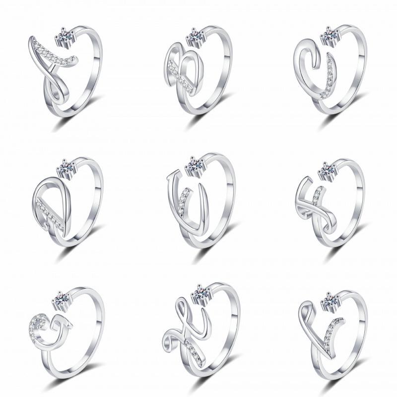 26-Letter Rhinestone Adjustable Open Ring - Women s Fashion and Luxury Accessory C платиновый