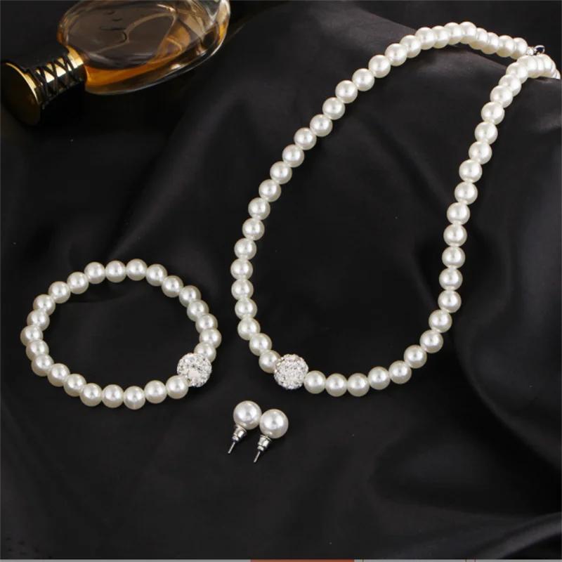 Fashion Rhinestone Pearl Necklace Earrings Bracelet Aset  Trendy Party Jewelry Gift
