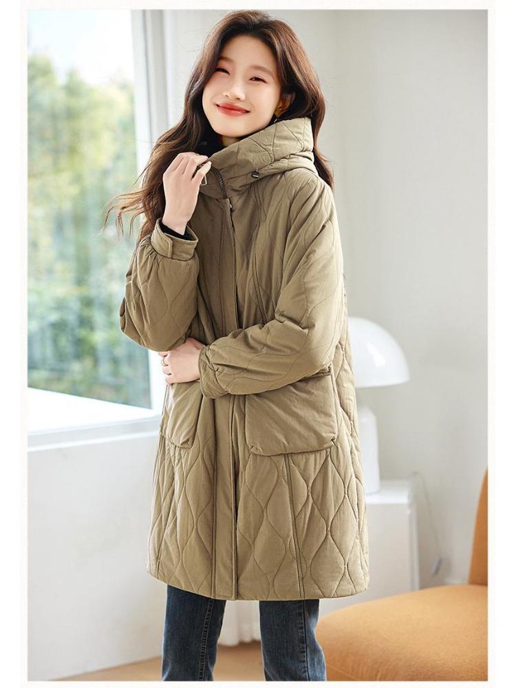 Women's Plus Size Fleece Lined Cotton Jacket Mid Length Quilted Warm Stylish Coat for Mom Middle Aged