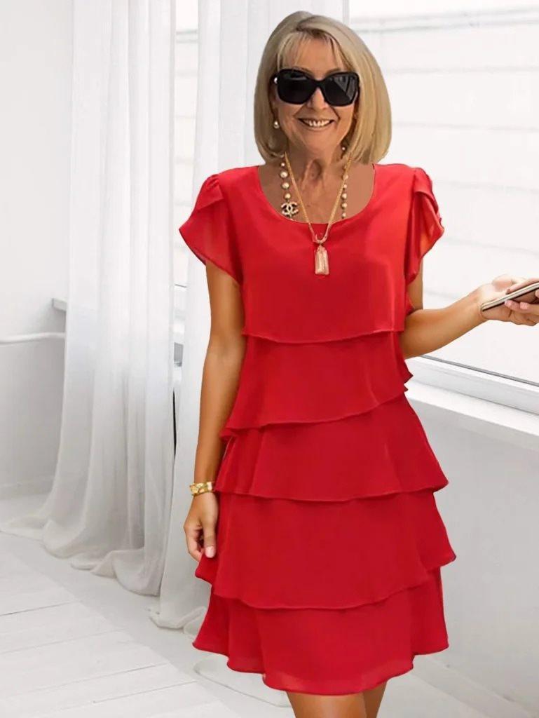 New summer short-sleeved cake skirt solid color crew neck dress for women