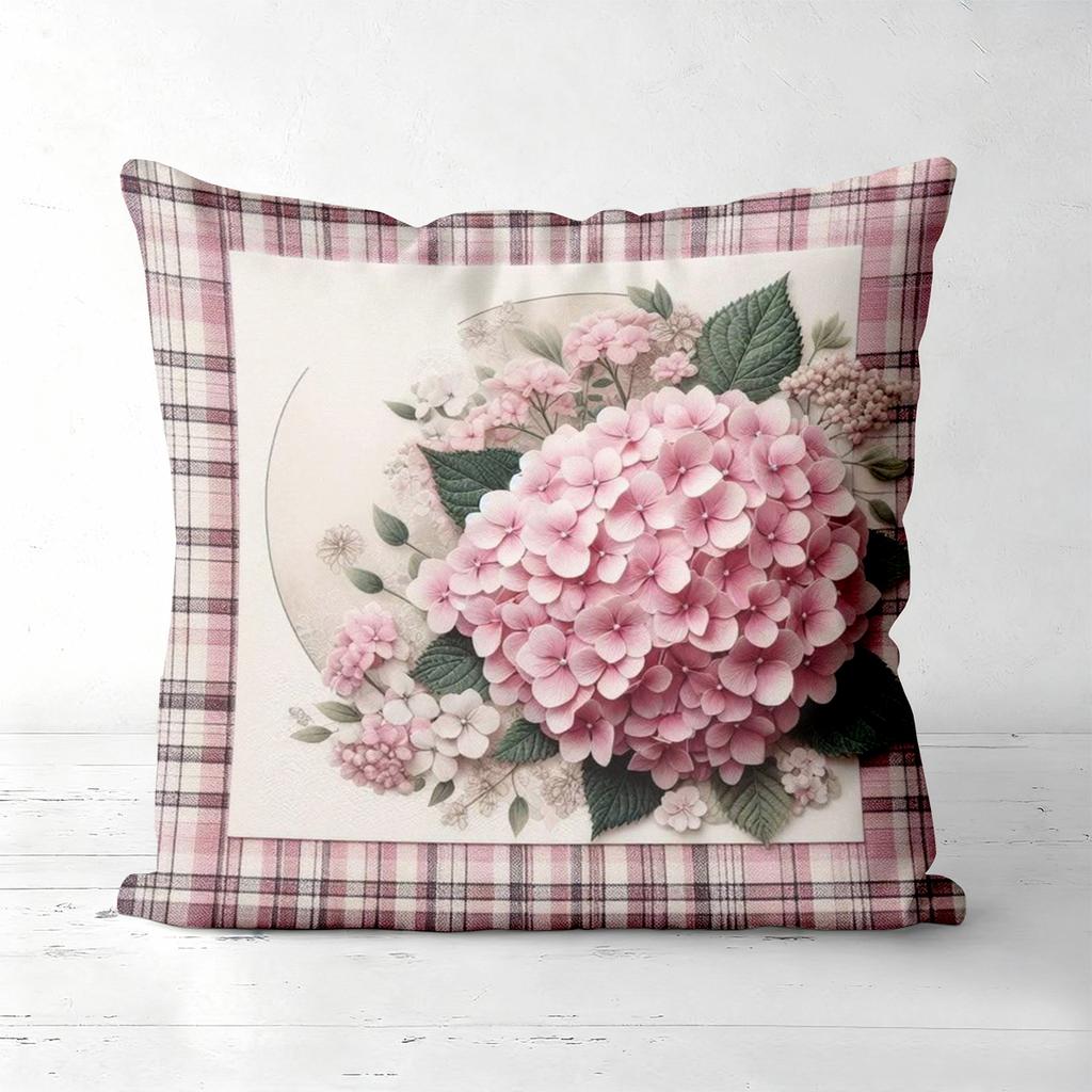 Pink Hydrangea Patterned Plaid Cushion Covers for Home Polyester pillowcase, sofa decorative cushion cov Headboard Pillow