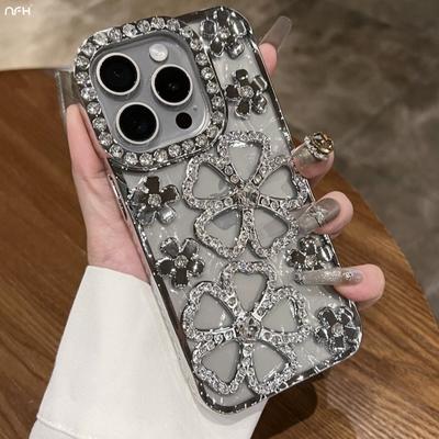 Luksusowy futerał na telefon z ramką platerowaną diamentami flash z kwiatami dla iPhone 15 Pro Max dla iPhone 11 12 13 14 16 Plus miękka okładka z cyrkoniami