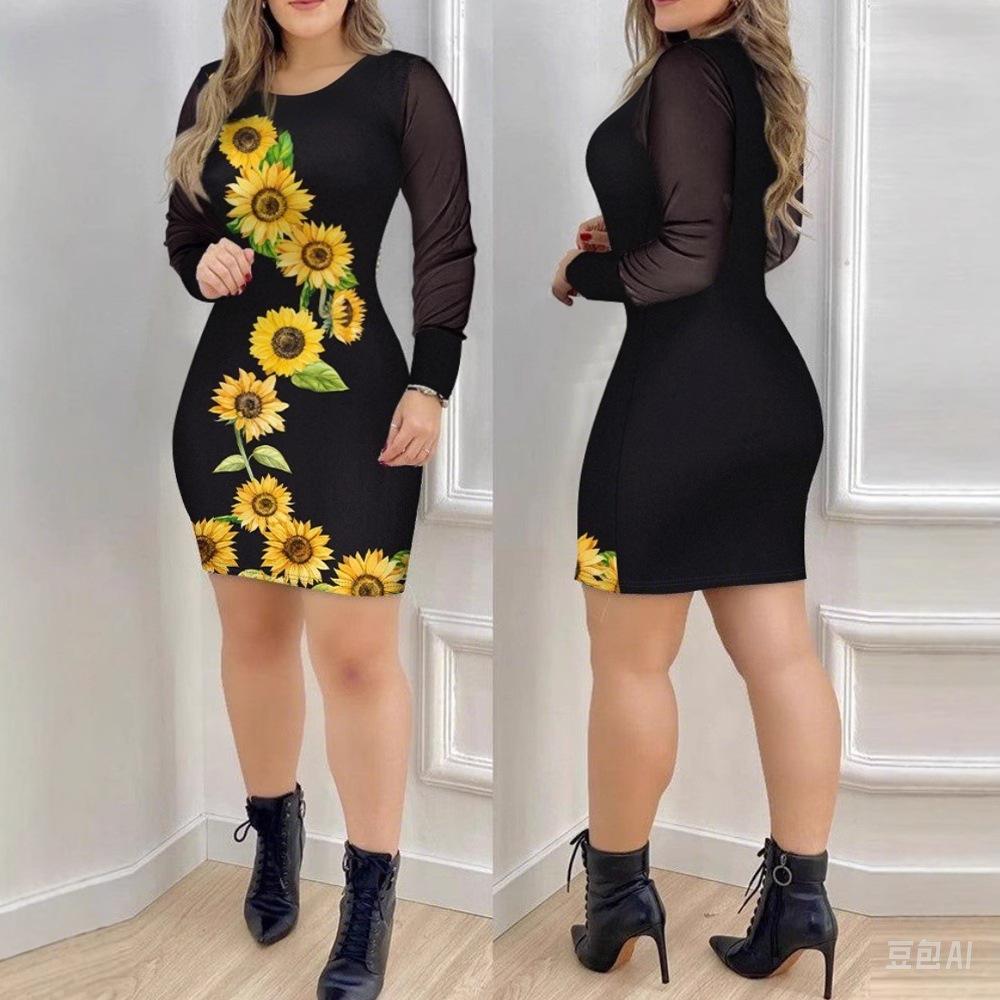 Women's Mesh Long-sleeved V-neck Slim-fit Printed Dress for Women