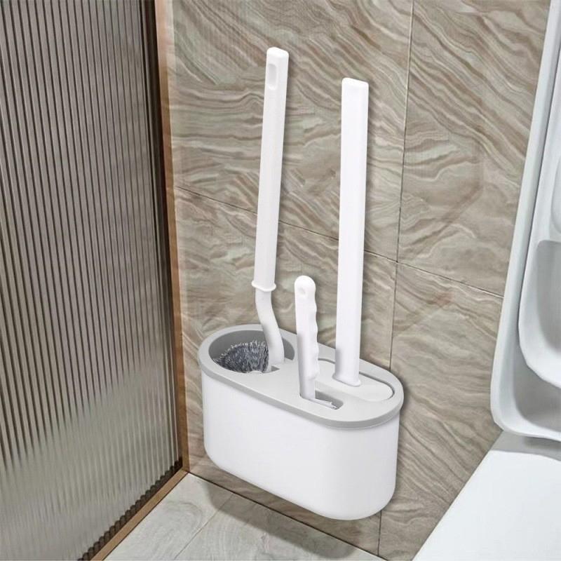 3In1 Toilet Brush Set With Silicone Bristles And Wall-Mounted Holder Bathroom Brush Toilet Wand