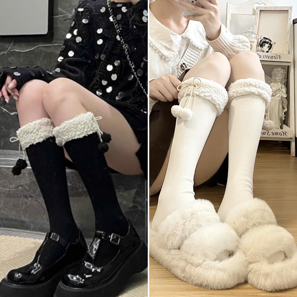Hairball Plush Lolita Knee Socks Children Autumn And Winter Long Tube Thickened Japanese Jk Lolita White Calf Socks