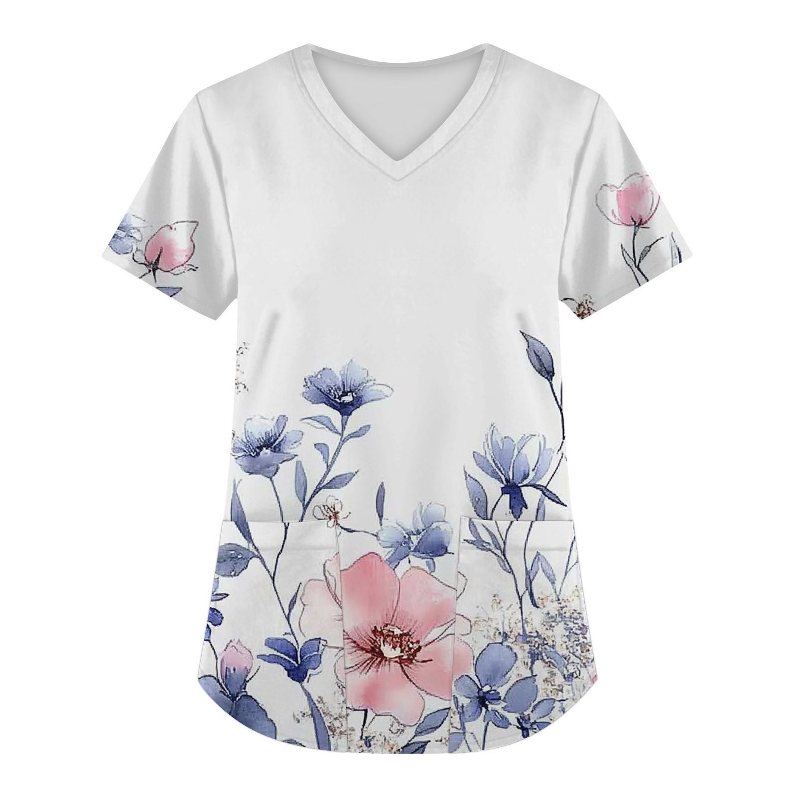 

Женская мода с коротким рукавом и V-образным вырезом с карманами и цветочным принтом Топы Одежда L синий