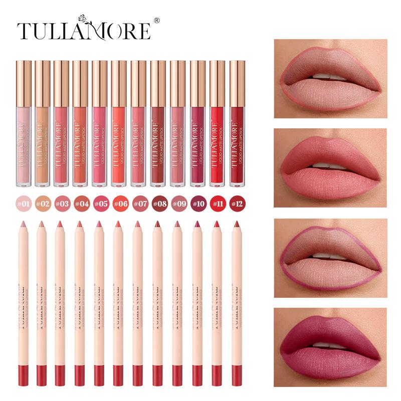 Dimshow Liquid Lip Gloss Lipliner Pencil Combination Durable Easy Makeup Matte Lipstick Velvet Lipliner Don'T Take Off Makeup