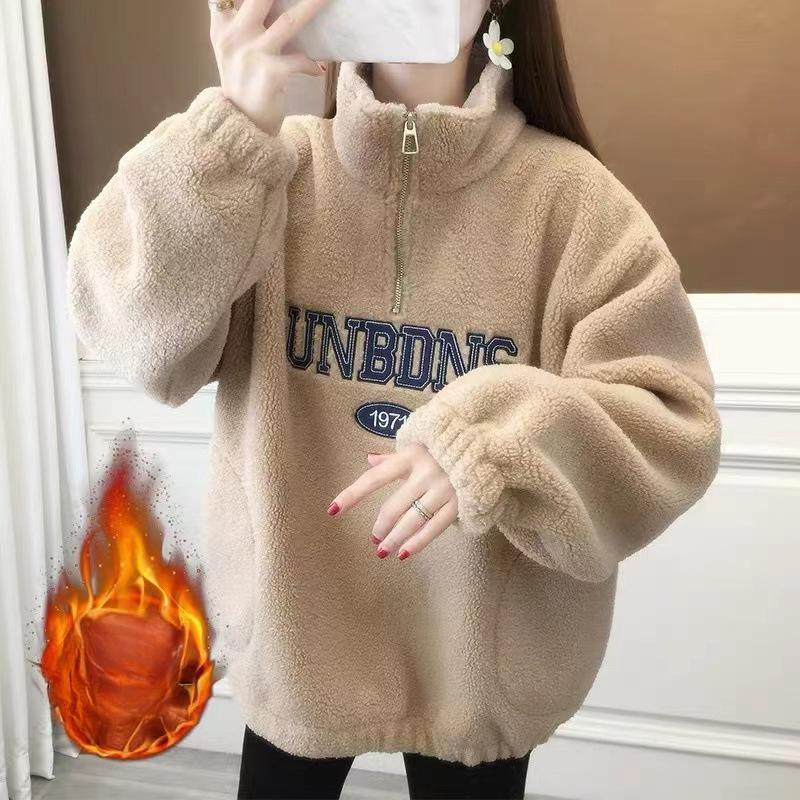 

Вышитый свитер из овечьей шерсти для женщин на осень и зиму, повседневный, с молнией на полувысоком воротнике, универсальный, утолщенный, теплый топ L