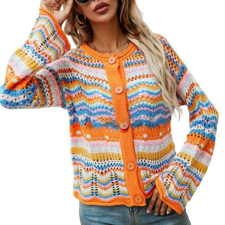 

Rainbow Striped Sweater Women Knitting Cardigan Long Sleeve Flared Single Breasted Coat Round Neck Autumn Winter S оранжевый