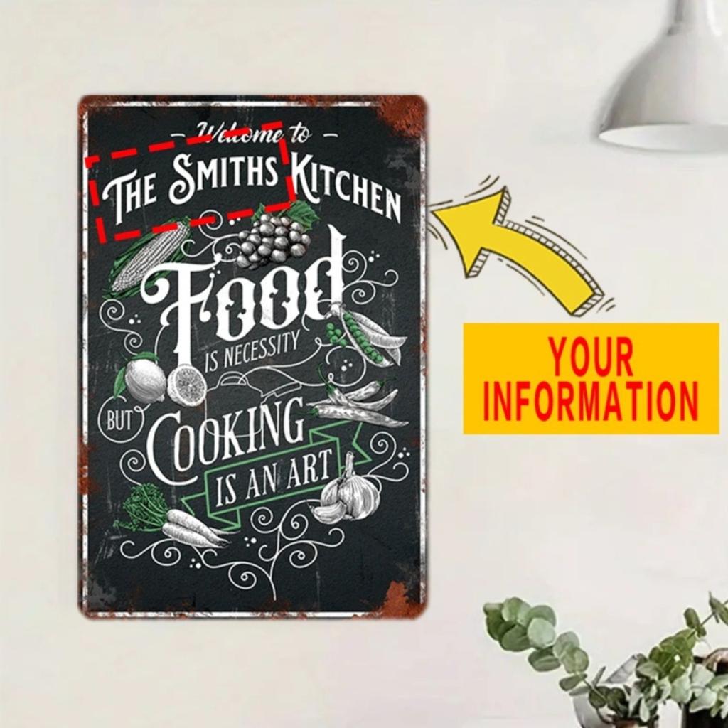 Vintage Metal Wall Art Chef Kitchen Sign Personalized Name Custom Tin Plate