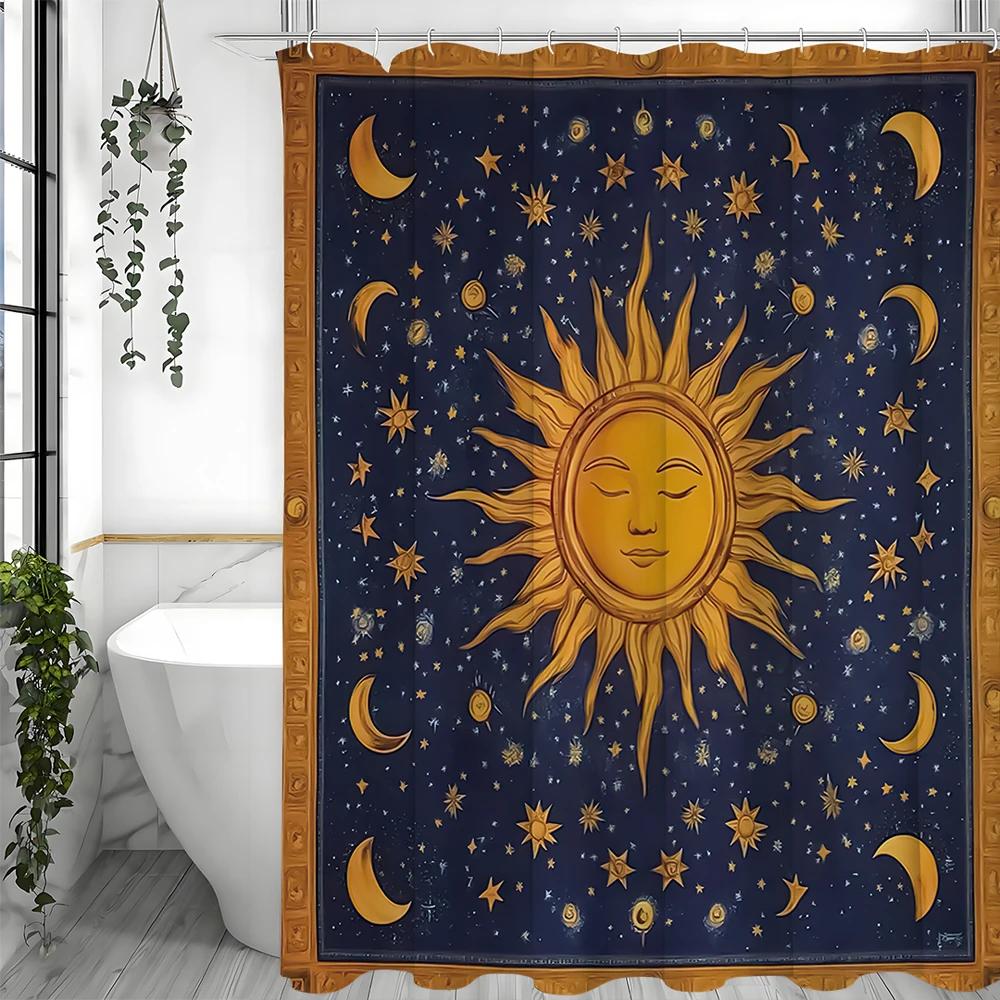 Sun God Moon Stars Shower Curtain, Bathroom Decorative Shower Curtain, Waterproof Shower Curtain with Hooks