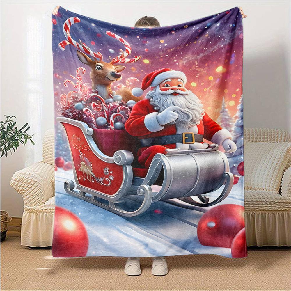 1pc Santa Claus, reindeer blanket Lightweight Flannel Throw for Sofa Bed Travel Camping Livingroom Office Couch Chair
