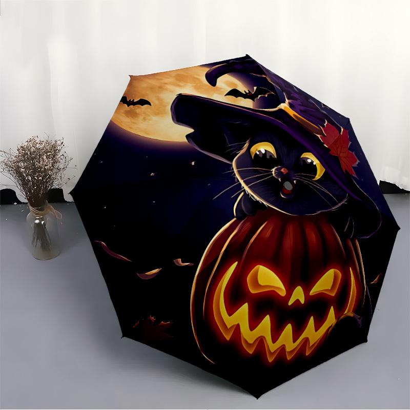 1pc Halloween Cat Automatic Folding Umbrella Portable Collapsible Umbrella for All Seasons, 8-Rib Durable Construction, Perfect Gift 076