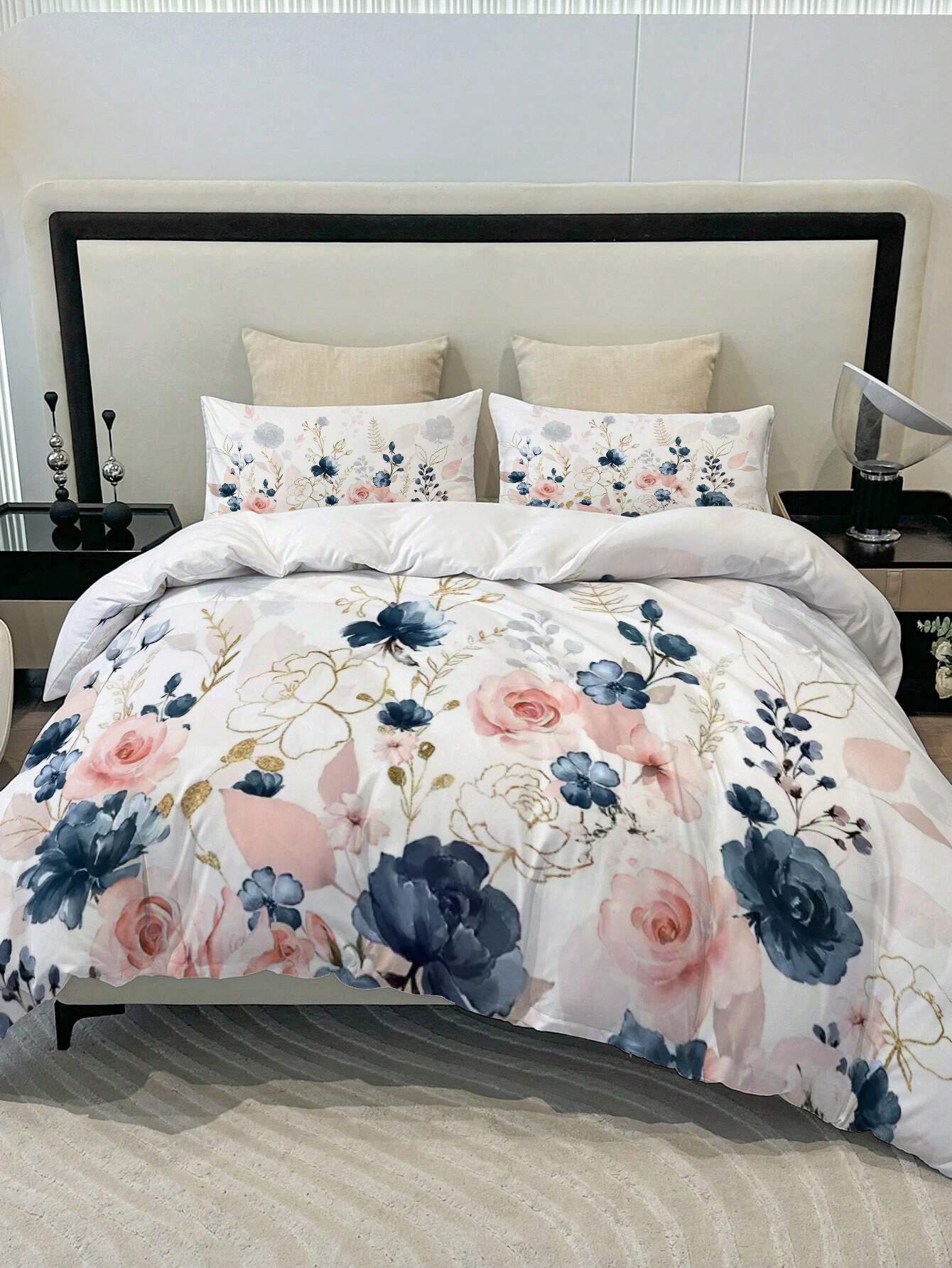 

Pink And Blue Rose Pattern 3D Printed Down Duvet Cover With Colorful Artistic Style Soft And Comfortable Luxurious Bedding Cover 135x200cm 2pcs