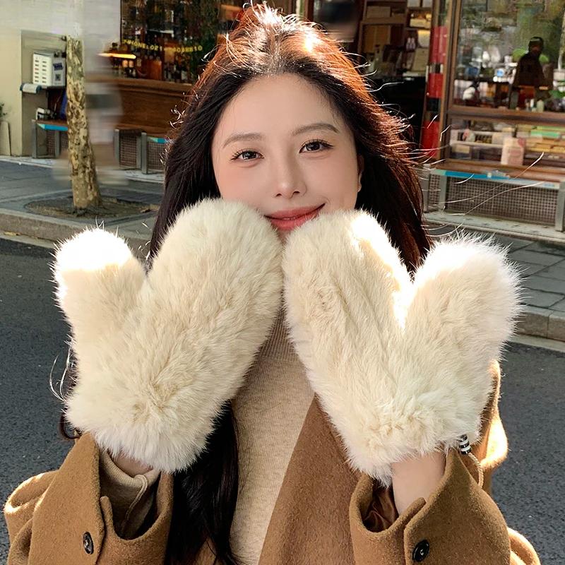 Winter Women Real Rabbit Fur Gloves Natural Thick Style Rabbit Fur Mittens Outdoor Girls Keep Warm Hand Knitted Fur Glove