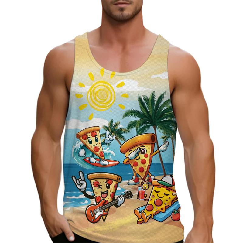 

Interesting Cat Pizza Pattern Vest Men s Sleeveless T-Shirt Y2K Hawaiian Beach Top M