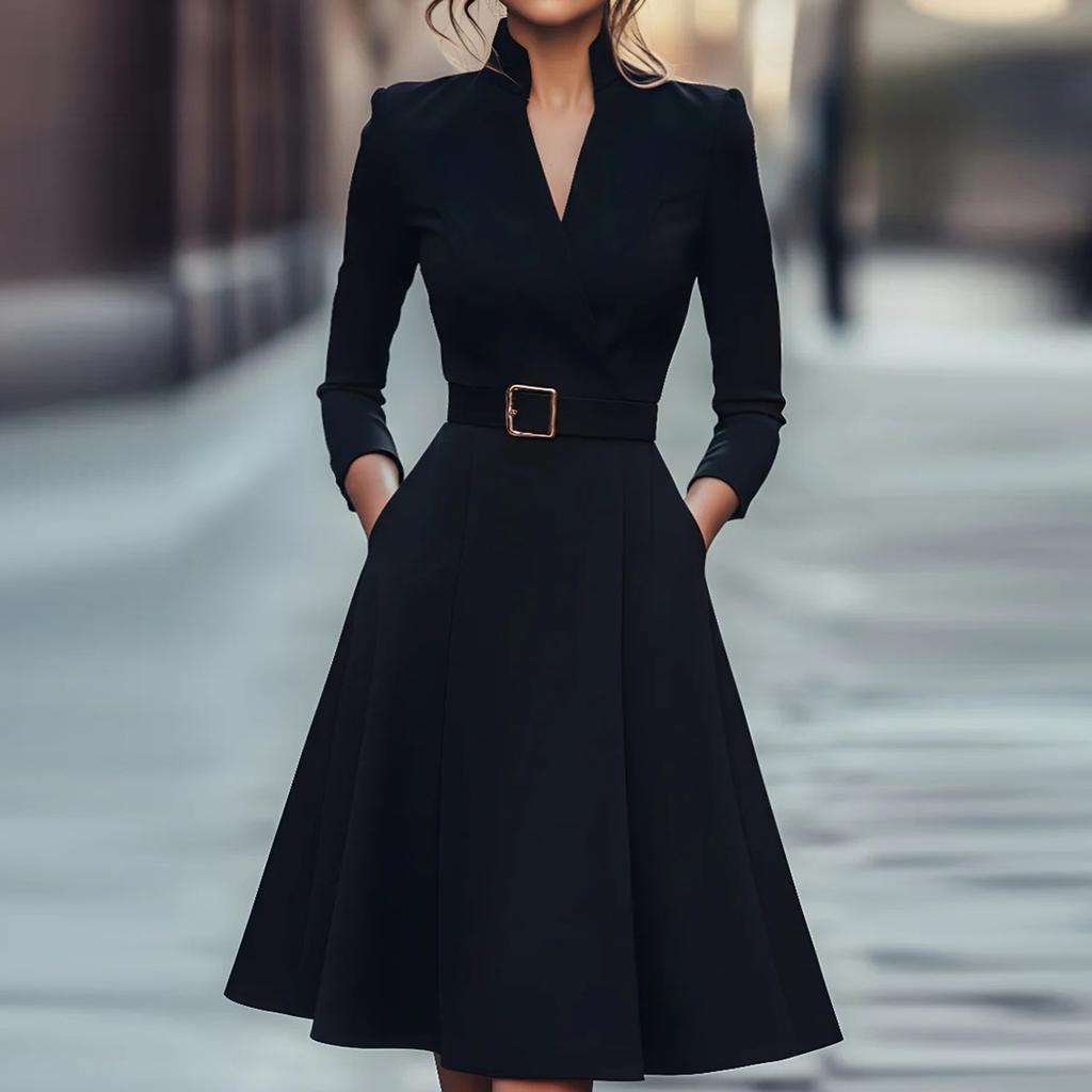 Women's Fashionable Workwear Solid-Colour Waist-Defining V-Neck Full-Skirted Long-Sleeved Dress