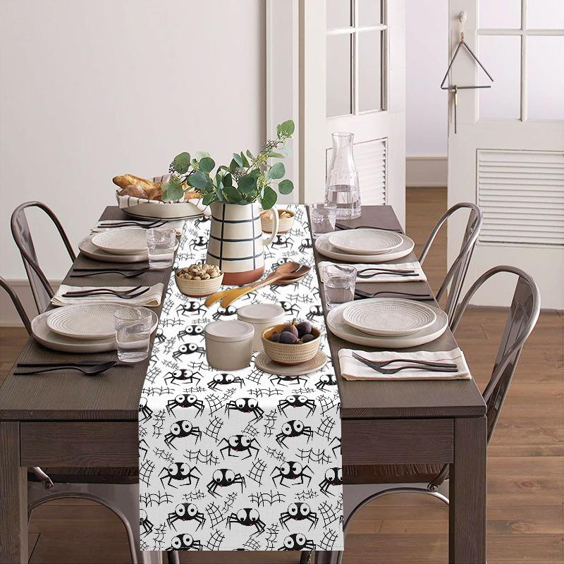 1pc White Black Halloween Table Runner with Cute Spiders Waterproof Durable Tablecloth for Halloween Themed Party Decoration