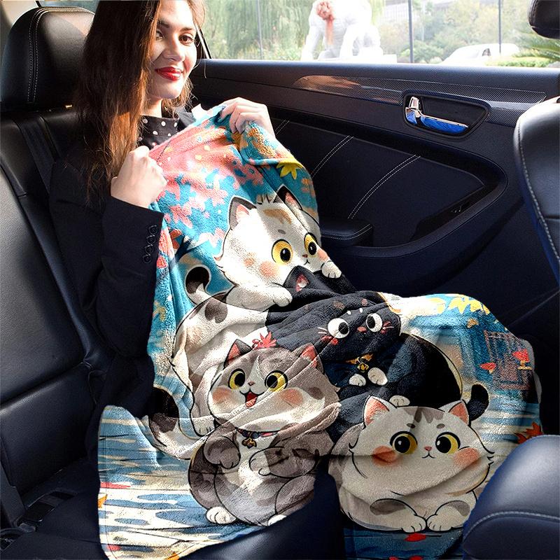 1pc Four Cute Lucky Cats Cartoon Blanket Seasonal Home Decor Gift for Fans, Soft for Couch, Living Room, Travel, Camping