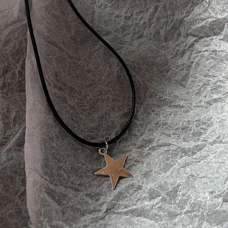 Y2K Star Moon Pendant Choker Celestial Necklace Leather Cord Chain Silver Tone Swirly Star Earrings 90s Retro Sweet Cool Jewelry